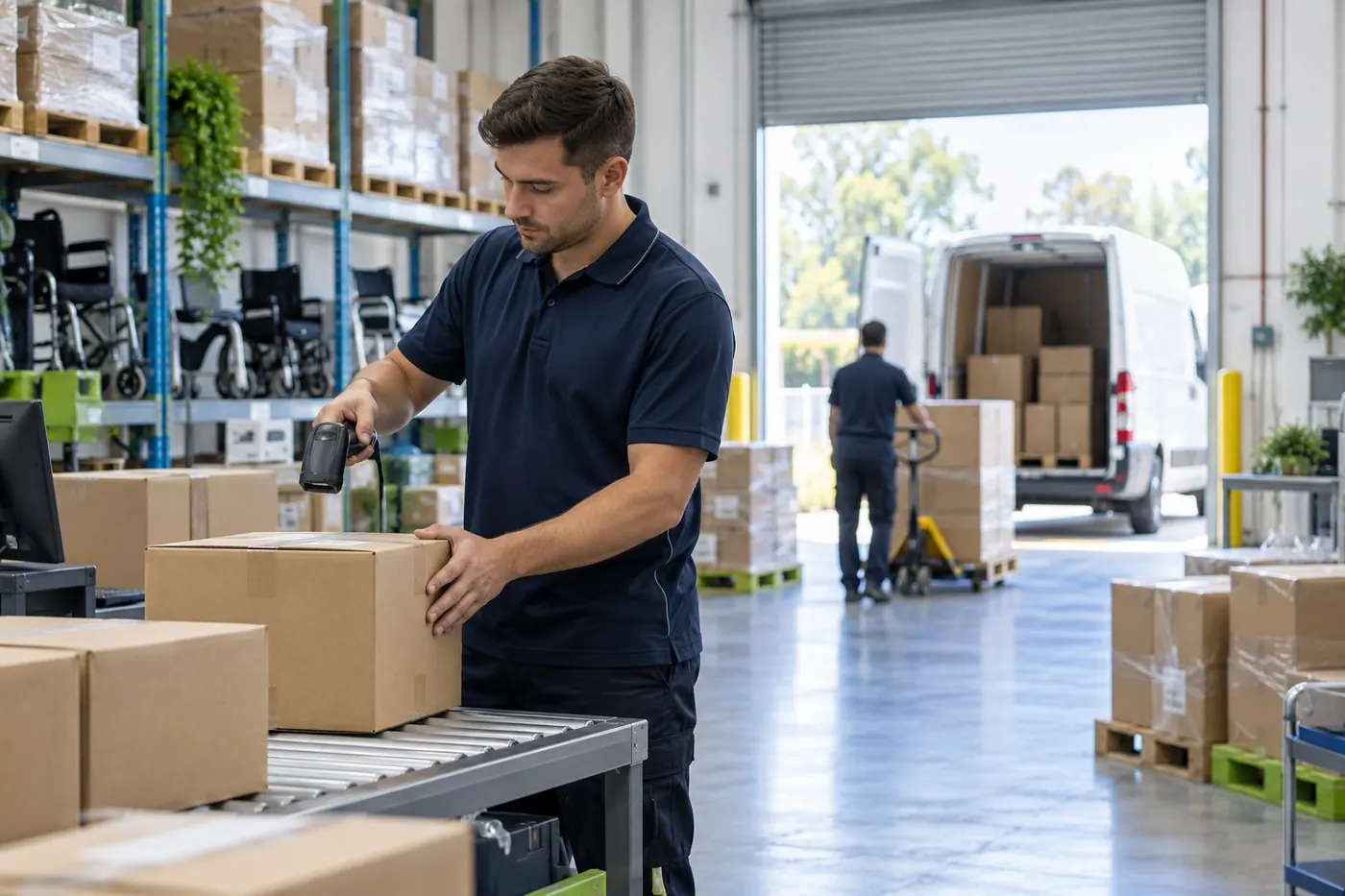 A warehouse team member scanning a parcel for dispatch