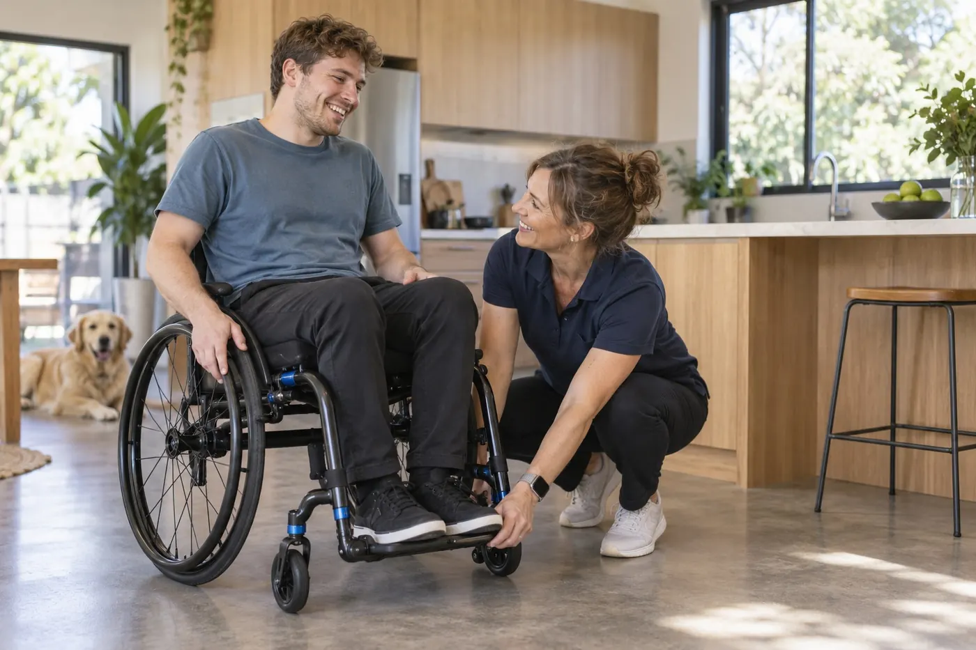 An occupational therapist adjusting a young man's wheelchair footplate at home
