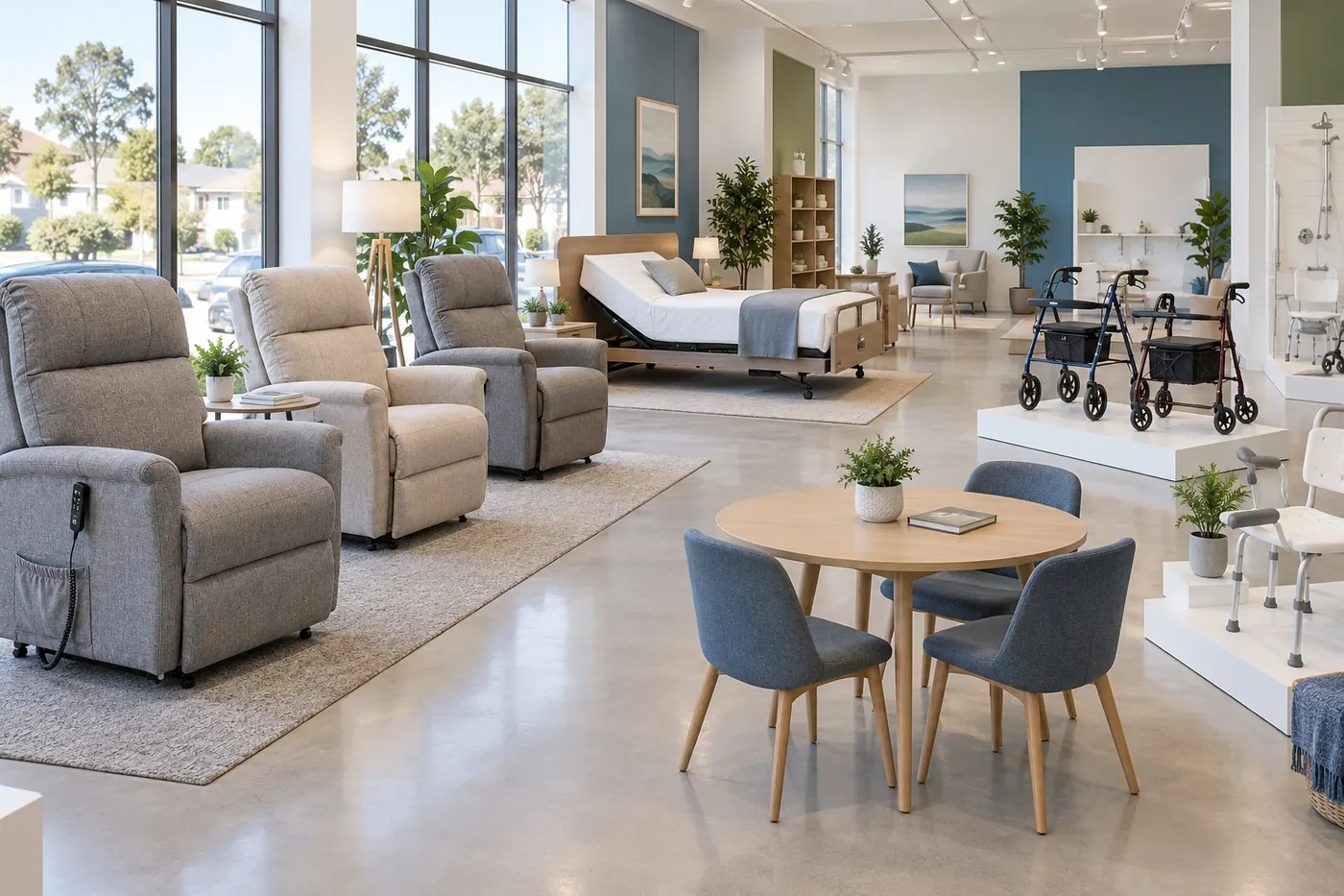Lift recliners, an adjustable bed and rollators on display in a bright showroom